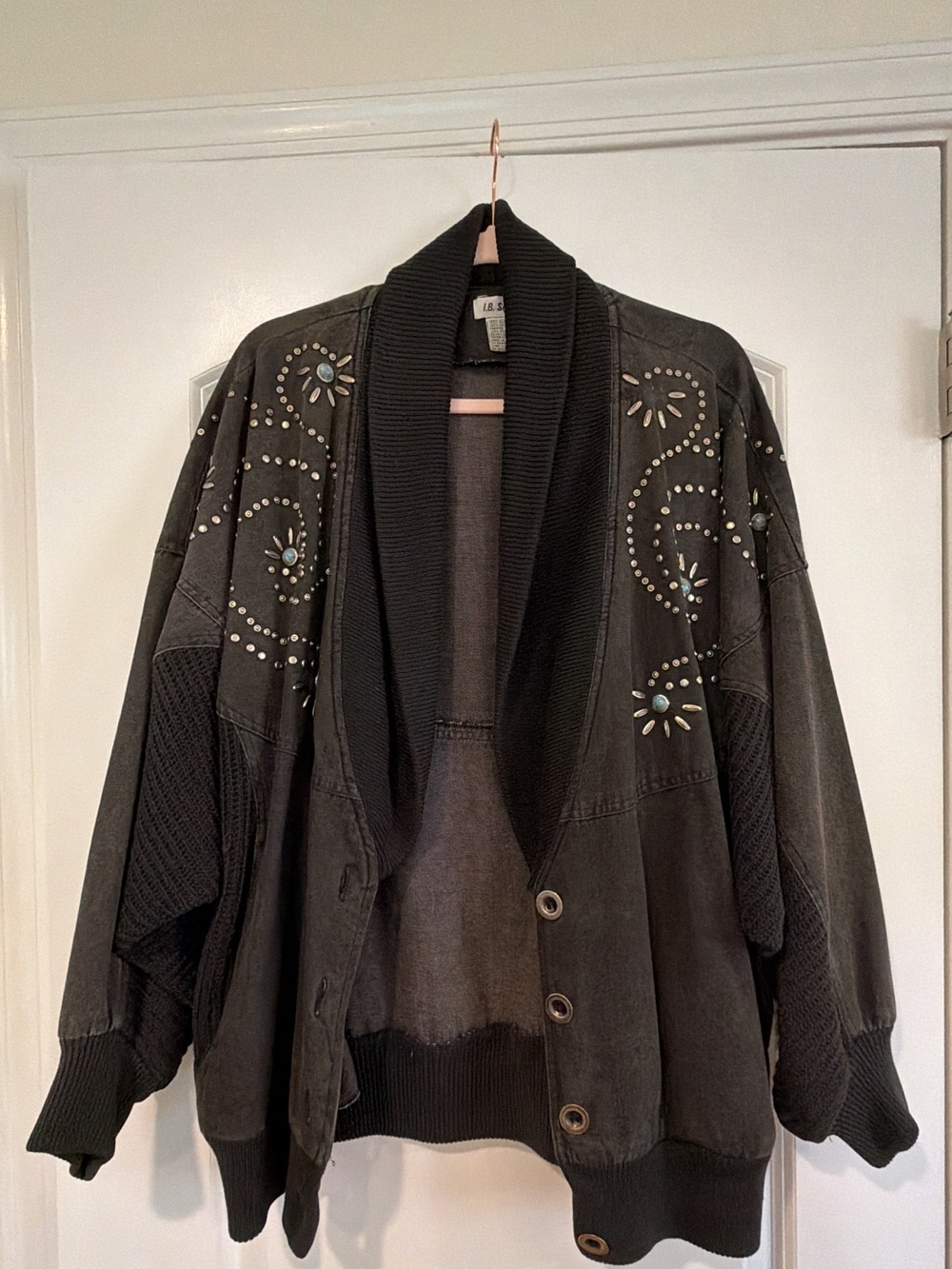 Vintage Oversized Studded Jacket with Turquoise Accents